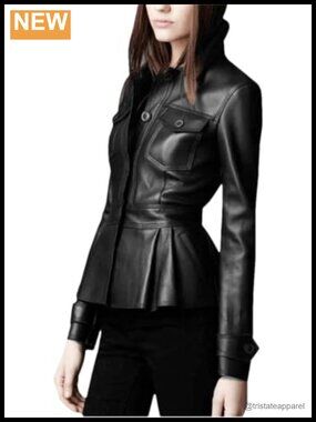Women's Real Lambskin Leather Peplum Jacket, Motorcycle Partywear, Flared Coat